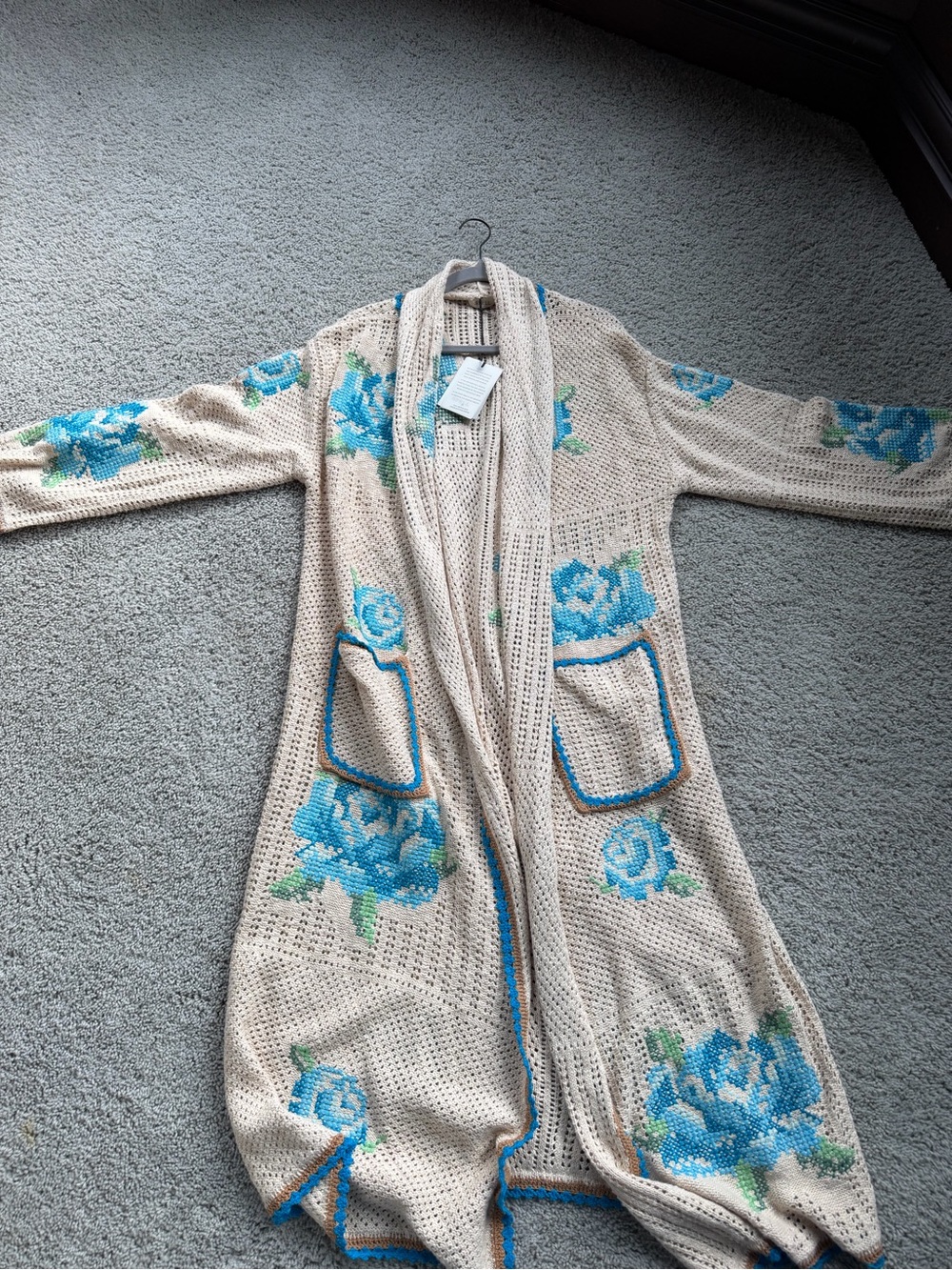 Spell Beige Crochet Cardigan with Blue Floral Embroidery - Picture 3 of 4